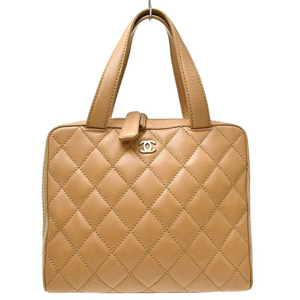 Chanel Surpique Zip Around Satchel Quilted Leather Beige Leather Handbag